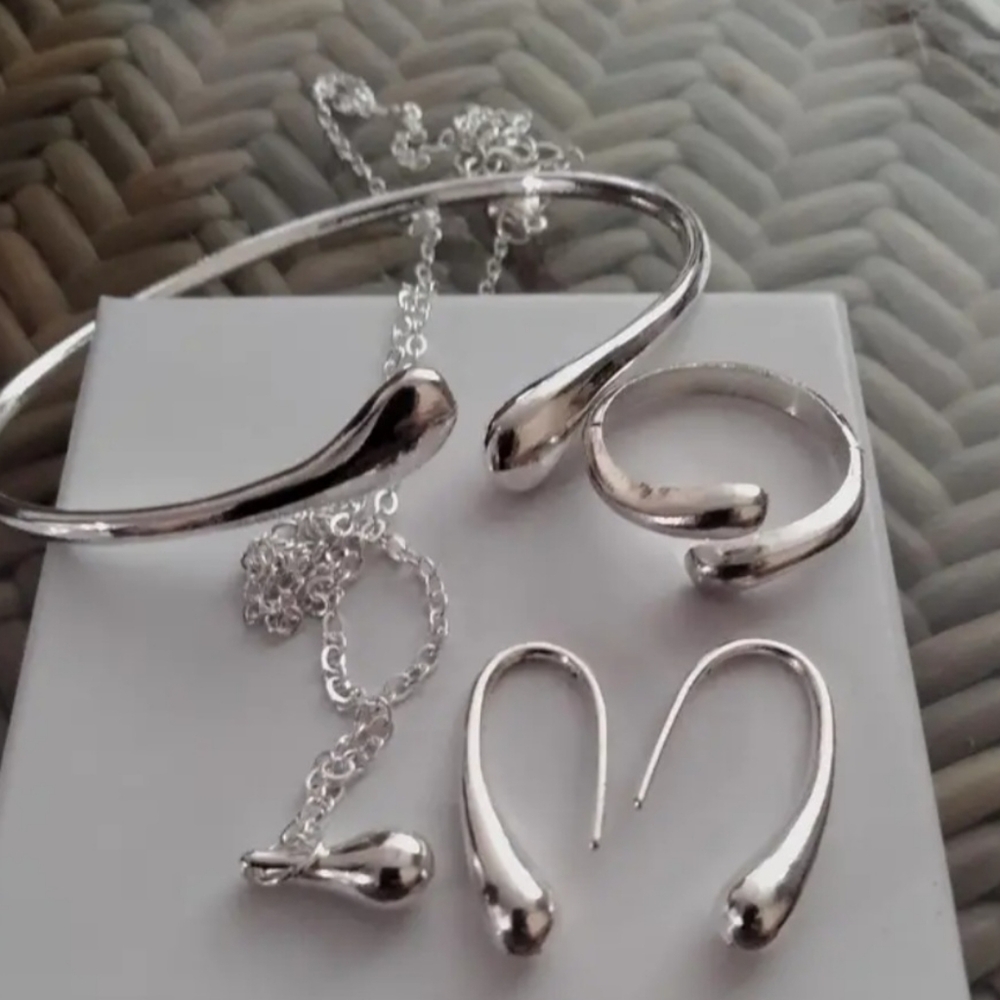 .925 stamped plated teardrop necklace bracelet earrings adjustable ring set